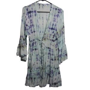 Blue Island White Blue Tie-Dye Kimono Beach Cover Up Dress Size M